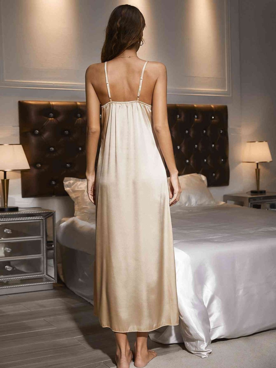 Clothing Trendsi | Contrast Lace Trim Spaghetti Strap Split Night Gown Cream