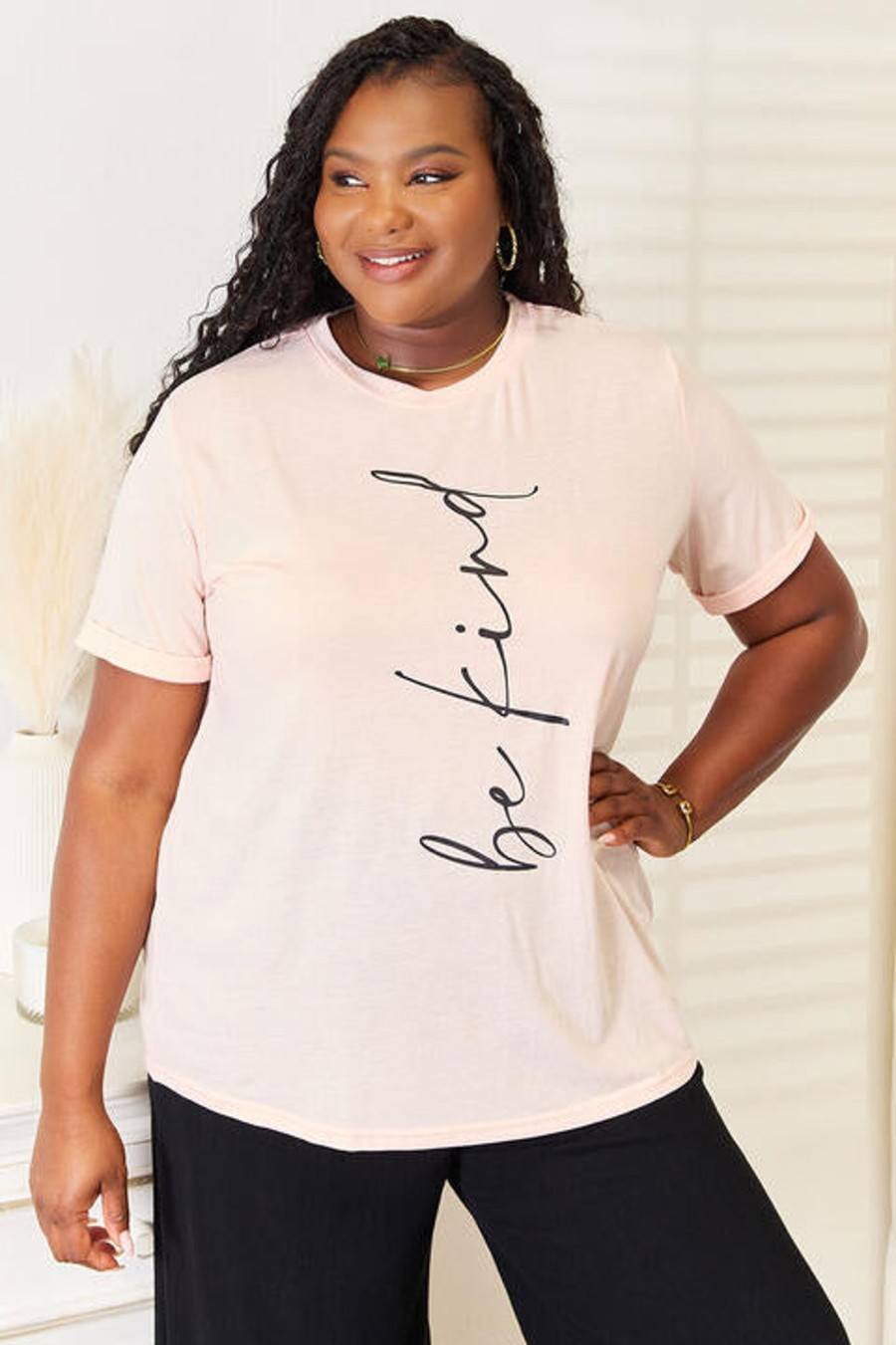 Clothing Trendsi | Simply Love Be Kind Graphic Round Neck T-Shirt Peach