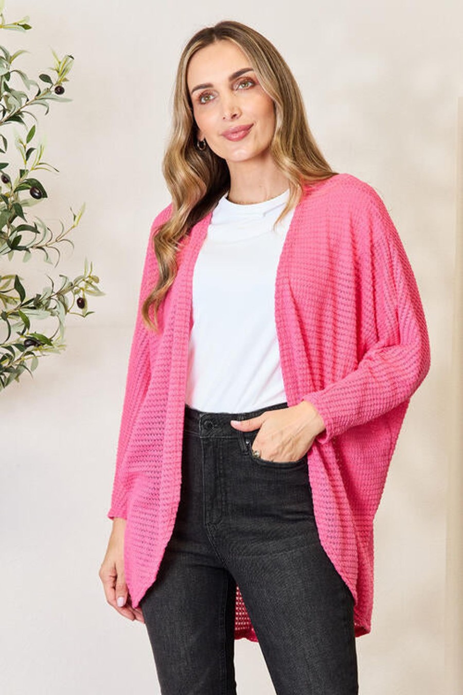 Clothing Trendsi | Heimish Full Size Open Front Long Sleeve Cardigan Fuchsia Pink