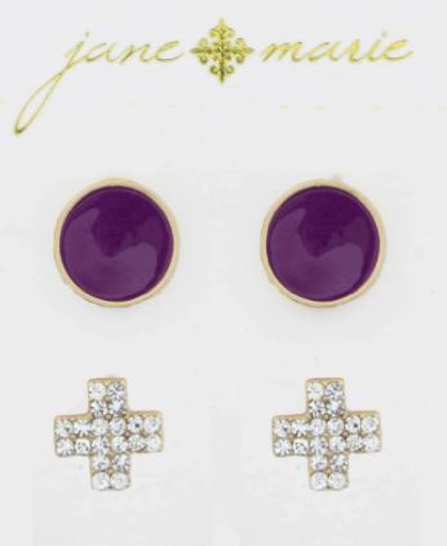 Accessories Jane Marie Earrings | Jm Rhinestone Cross&Purple Circle Earring Set