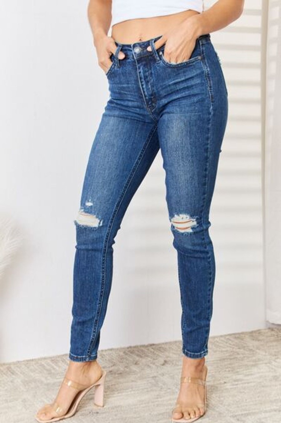 Clothing Trendsi | Judy Blue Full Size High Waist Distressed Slim Jeans Dark