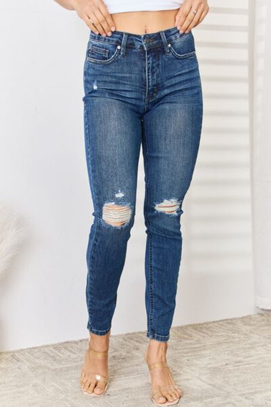 Clothing Trendsi | Judy Blue Full Size High Waist Distressed Slim Jeans Dark