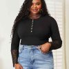 Clothing Trendsi | Double Take Crochet Lace Hem Sleeve Button Top Black