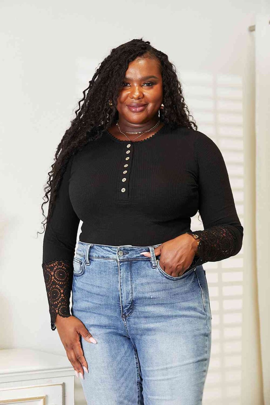 Clothing Trendsi | Double Take Crochet Lace Hem Sleeve Button Top Black