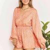 Clothing Trendsi | Double Take Printed Flare Sleeve Surplice Romper Sherbet