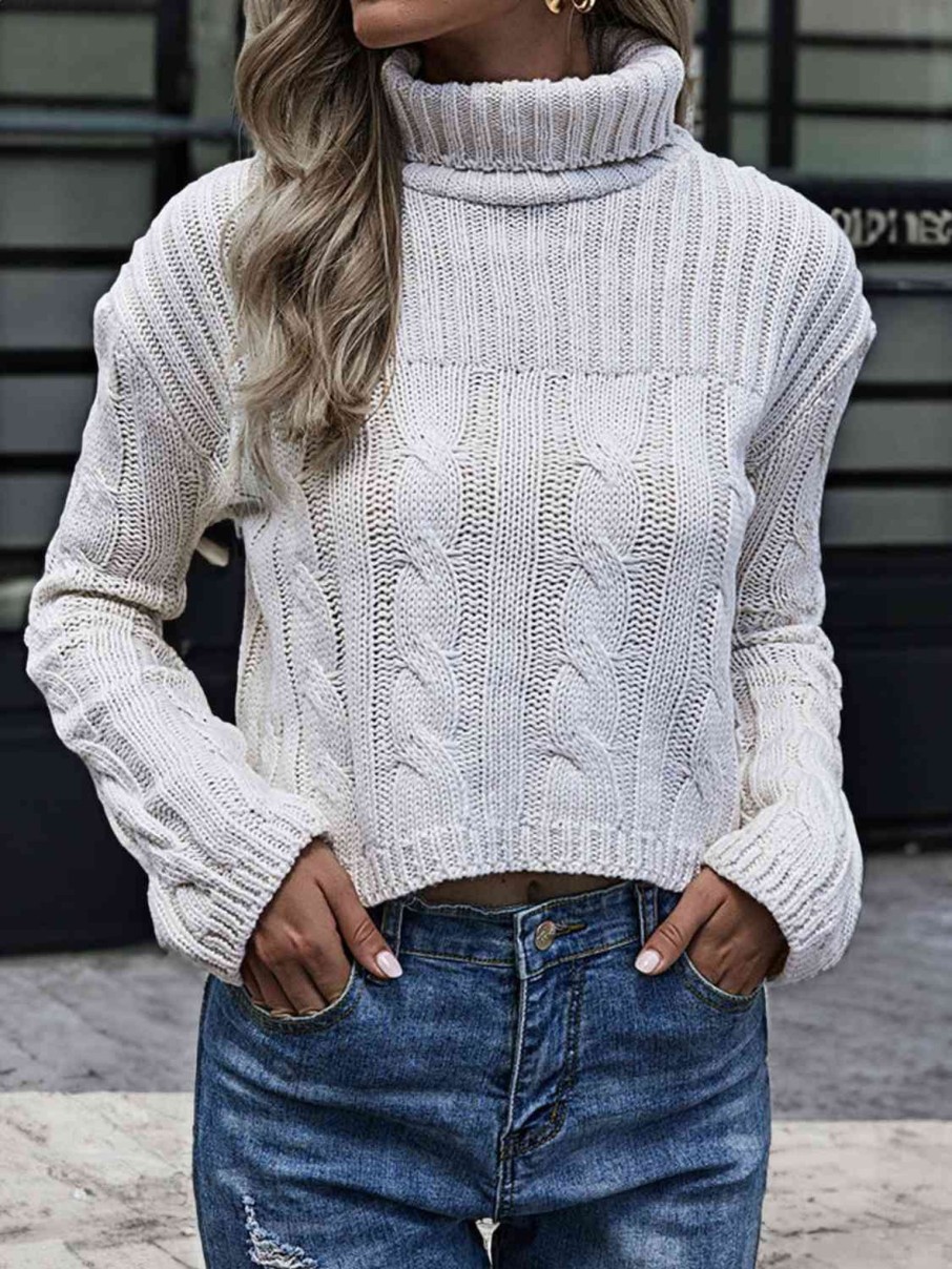 Clothing Trendsi | Cable-Knit Turtleneck Sweater Heather Gray