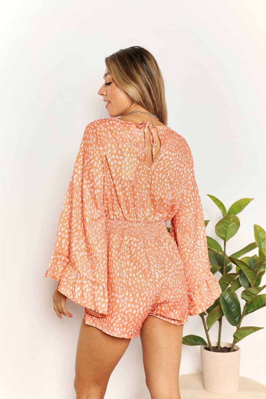 Clothing Trendsi | Double Take Printed Flare Sleeve Surplice Romper Sherbet