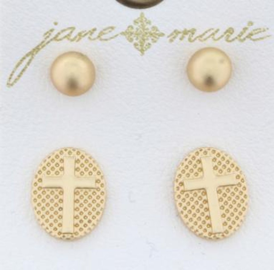 Clothing Jane Marie | Jm Gold Ball&Cross Textured Oval Earring Set