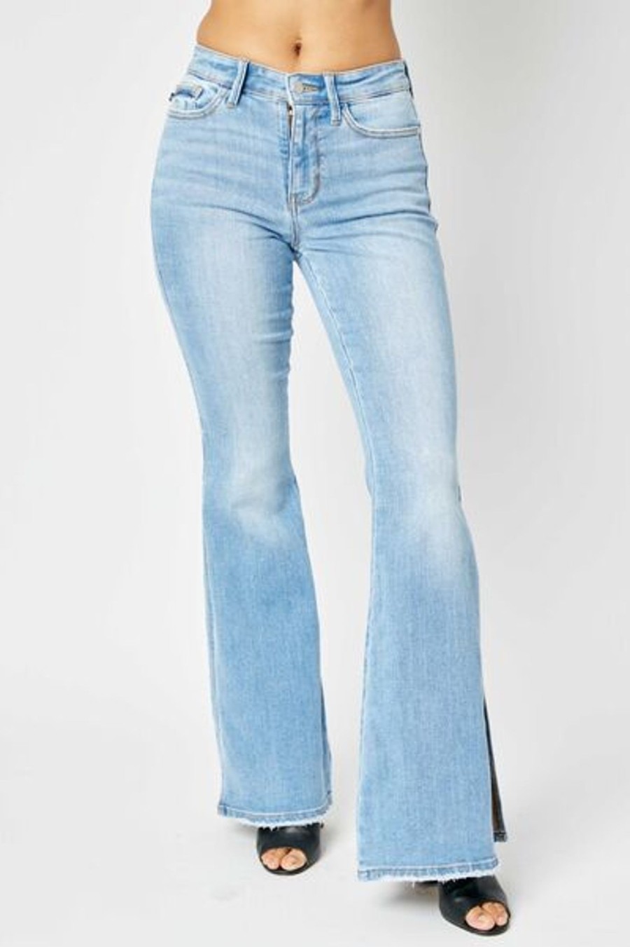 Clothing Trendsi | Judy Blue Full Size Mid Rise Raw Hem Slit Flare Jeans Medium