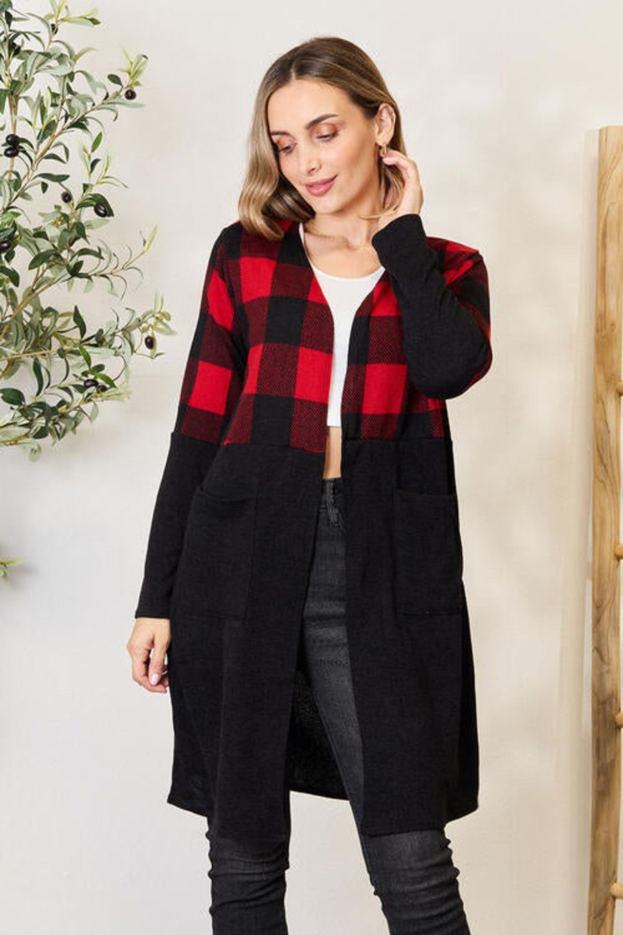 Clothing Trendsi | Heimish Full Size Plaid Open Front Cardigan Black/Red