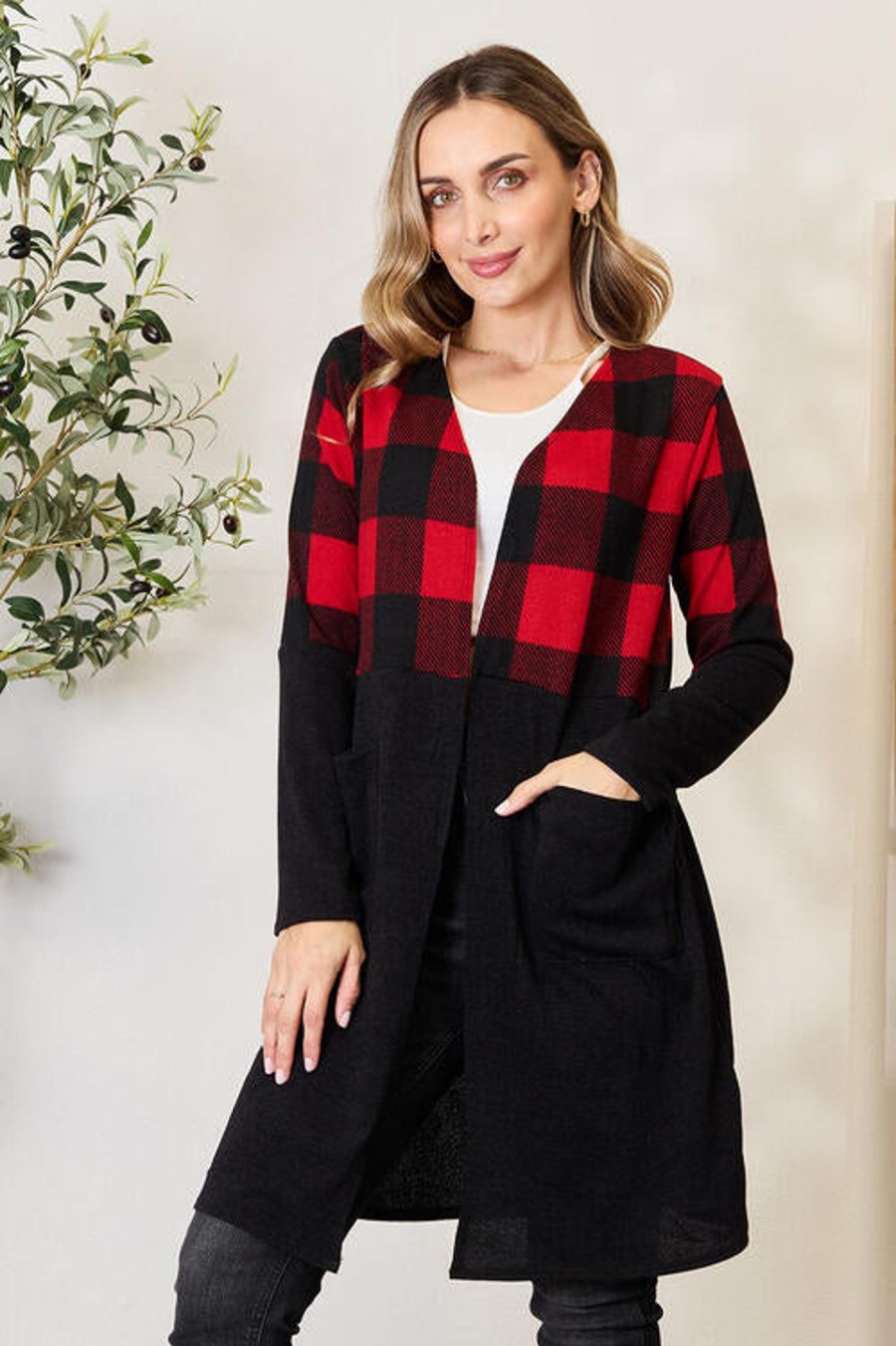 Clothing Trendsi | Heimish Full Size Plaid Open Front Cardigan Black/Red