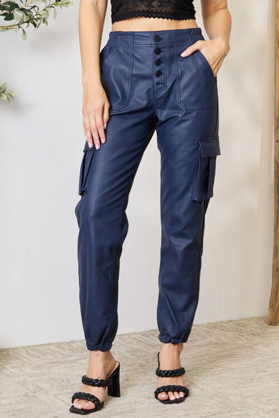 Clothing Trendsi | Kancan High Waist Faux Leather Cargo Joggers Navy