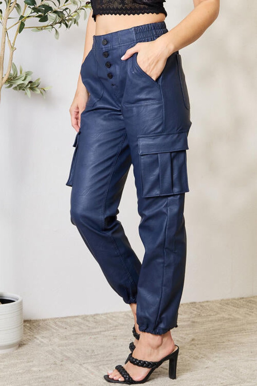 Clothing Trendsi | Kancan High Waist Faux Leather Cargo Joggers Navy