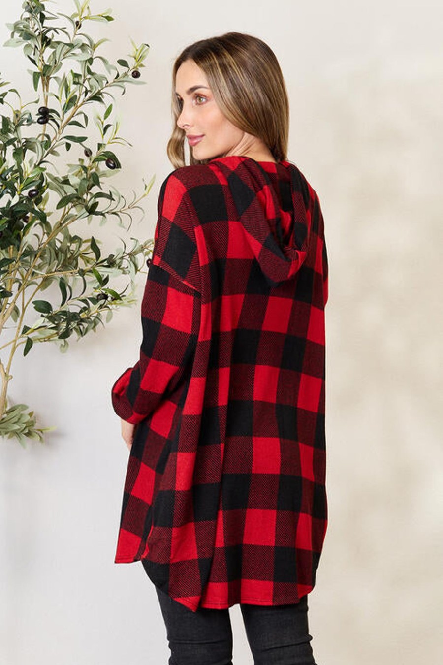 Clothing Trendsi | Heimish Full Size Plaid Button Front Hooded Shirt Black/Red