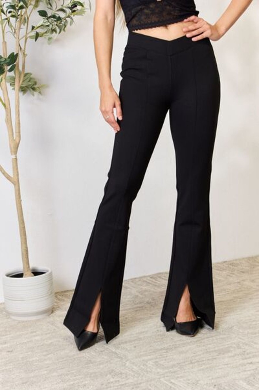 Clothing Trendsi | Kancan V-Waistband Slit Flare Pants Black