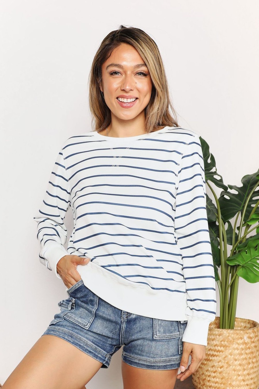 Clothing Trendsi | Double Take D Long Sleeve Round Neck Top Stripe