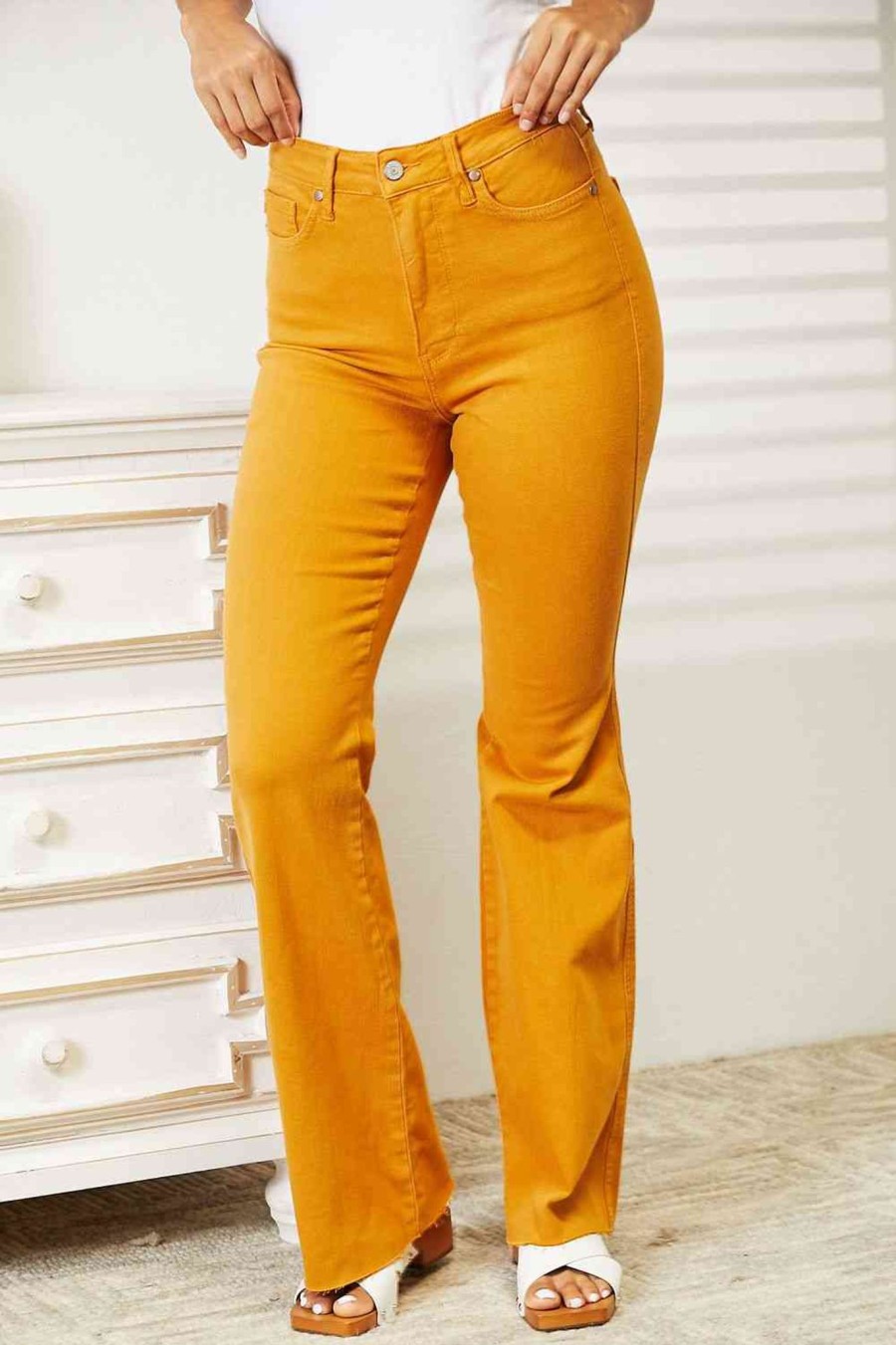 Clothing Trendsi | Judy Blue Full Size High Waist Tummy Control Garment Dyed Flare Jeans Mustard