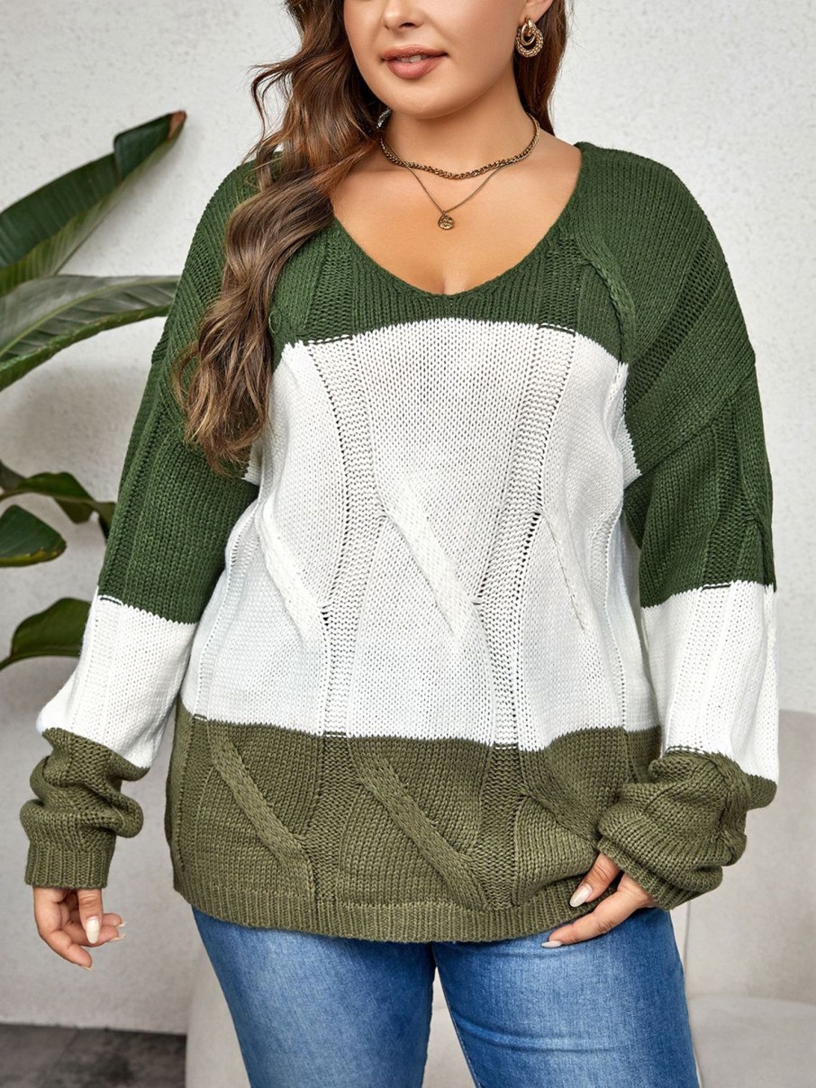 Clothing Trendsi | Curvy Color Block Long Sleeve Sweater Moss