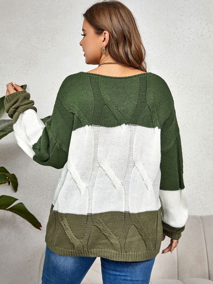 Clothing Trendsi | Curvy Color Block Long Sleeve Sweater Moss