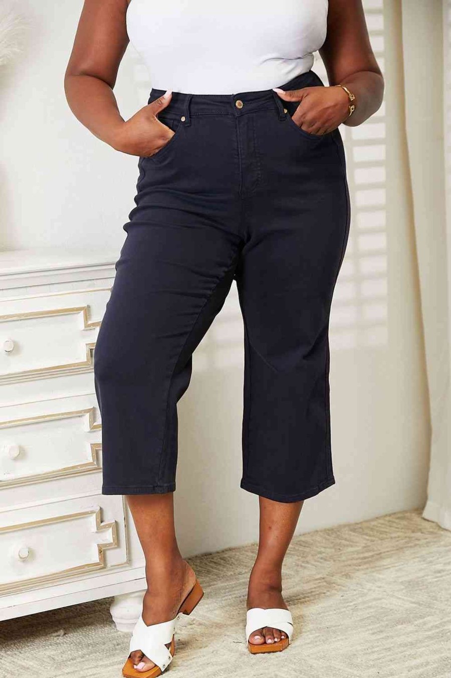 Clothing Trendsi Jeans | Judy Blue Full Size High Waist Tummy Control Garment Dyed Wide Cropped Jeans Navy Blue