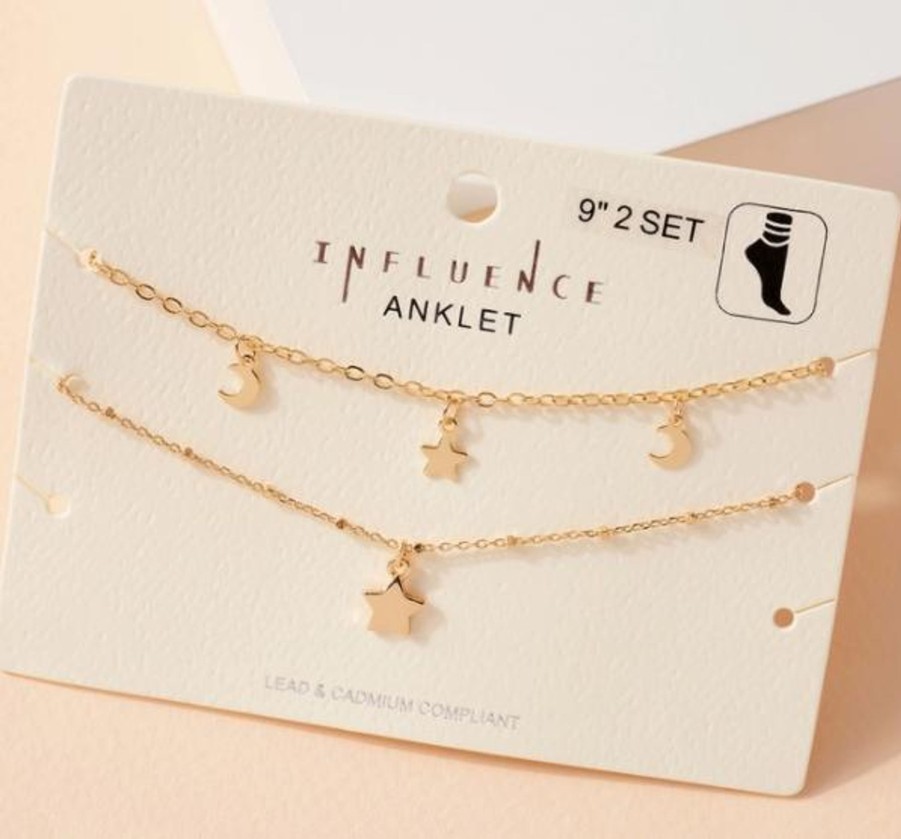 Clothing Avenue Zoe | Brass Metal Stars Moon Charms Anklet Set