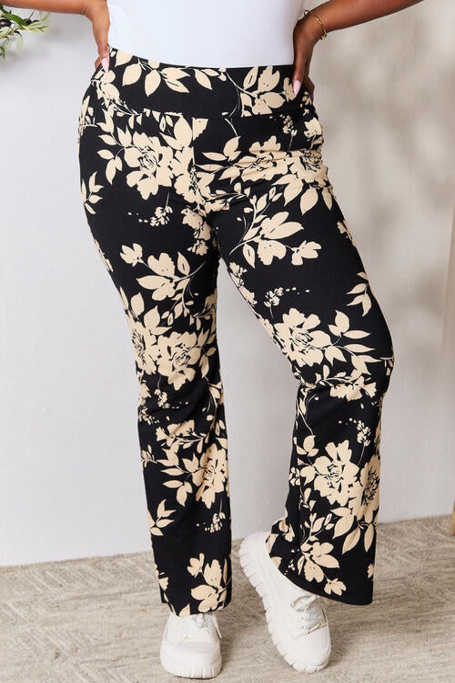 Clothing Trendsi | Heimish Full Size High Waist Floral Flare Pants Black/Taupe