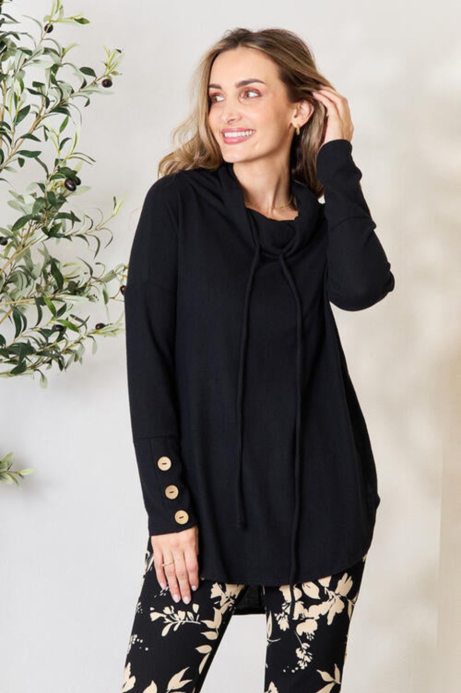 Clothing Trendsi | Jade By Jane Full Size Drawstring Cowl Neck Long Sleeve Blouse Black