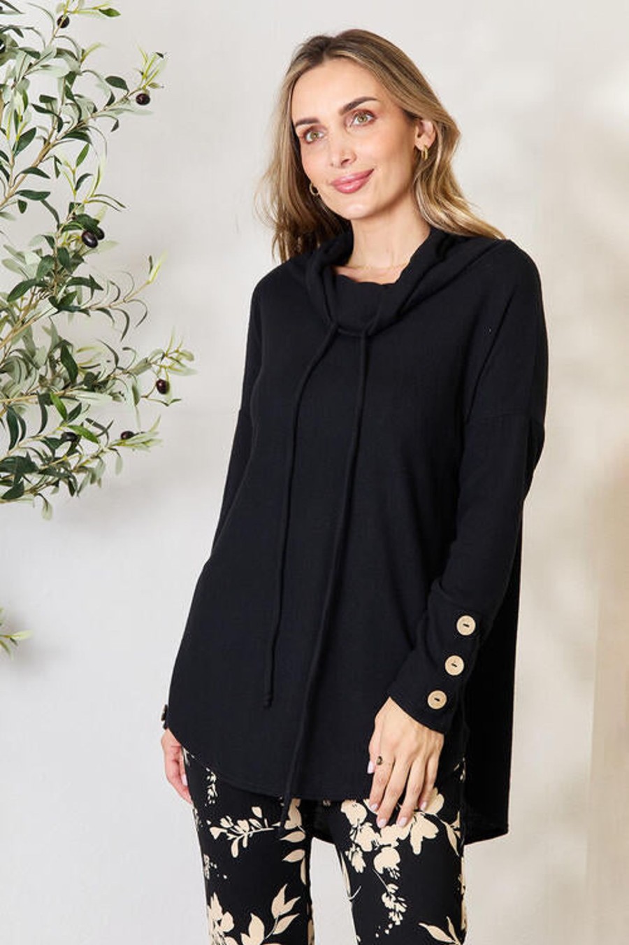 Clothing Trendsi | Jade By Jane Full Size Drawstring Cowl Neck Long Sleeve Blouse Black