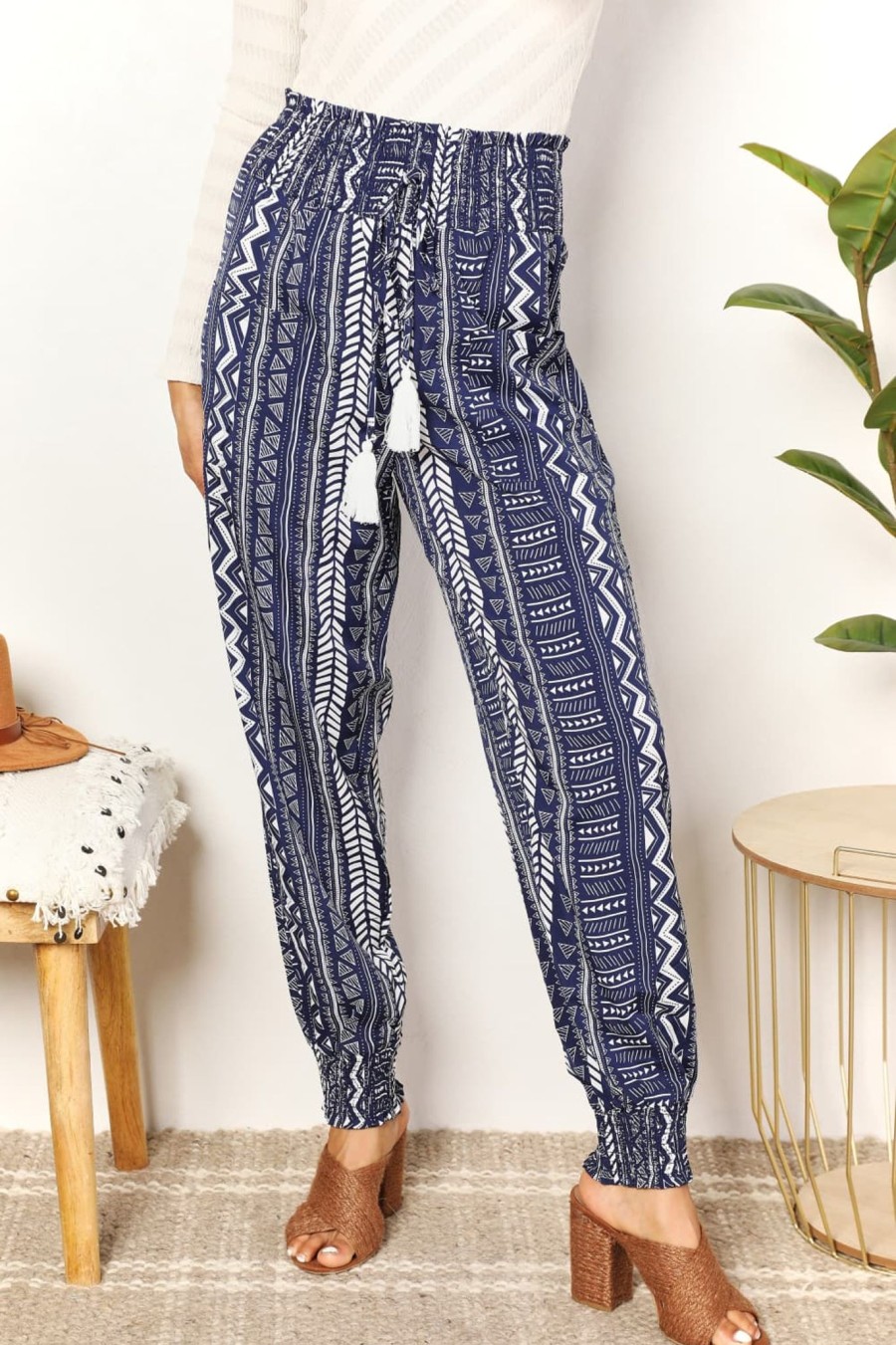 Clothing Trendsi | Double Take Geometric Print Tassel High-Rise Pants Navy