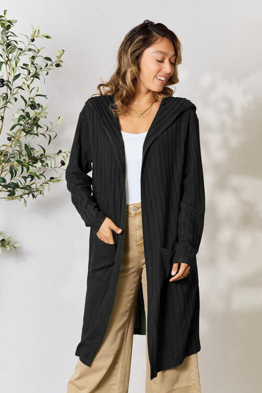 Clothing Trendsi Cardigans & Kimonos | Basic Bae Full Size Ribbed Open Front Long Sleeve Cardigan