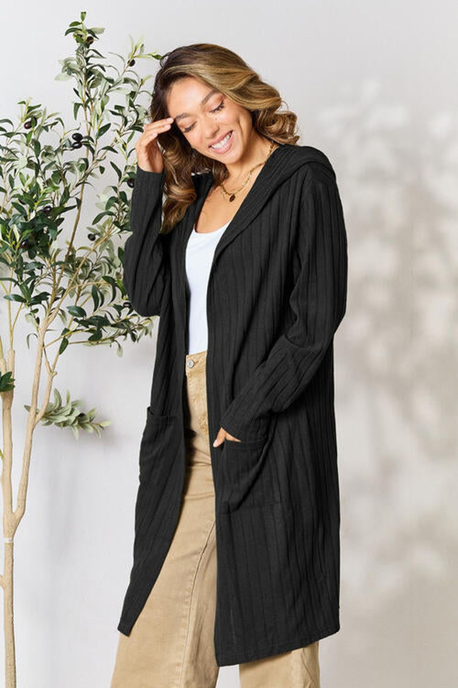 Clothing Trendsi Cardigans & Kimonos | Basic Bae Full Size Ribbed Open Front Long Sleeve Cardigan