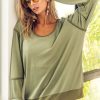 Clothing Trendsi | Bibi Waffle Knit Contrast Trim Long Sleeve T-Shirt Olive