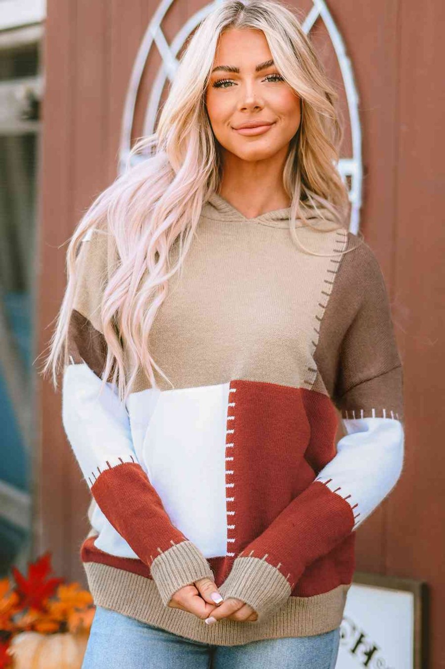 Clothing Trendsi | Color Block Long Sleeve Hooded Sweater Tan