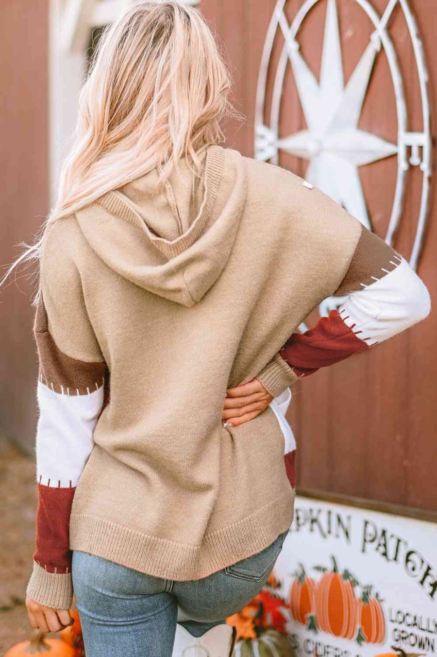 Clothing Trendsi | Color Block Long Sleeve Hooded Sweater Tan