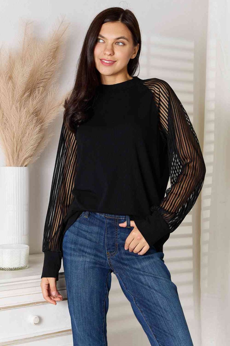 Clothing Trendsi | Double Take Round Neck Raglan Sleeve Blouse Black