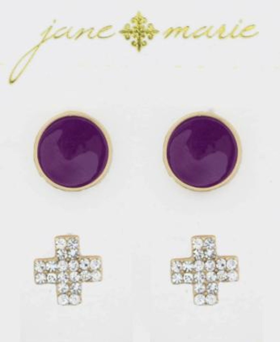 Clothing Jane Marie | Jm Rhinestone Cross&Purple Circle Earring Set