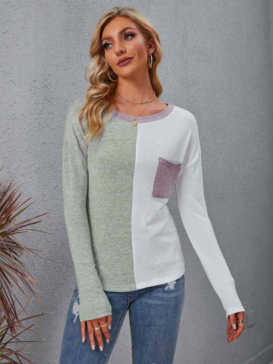 Clothing Trendsi | Color Block Round Neck Top With Pocket