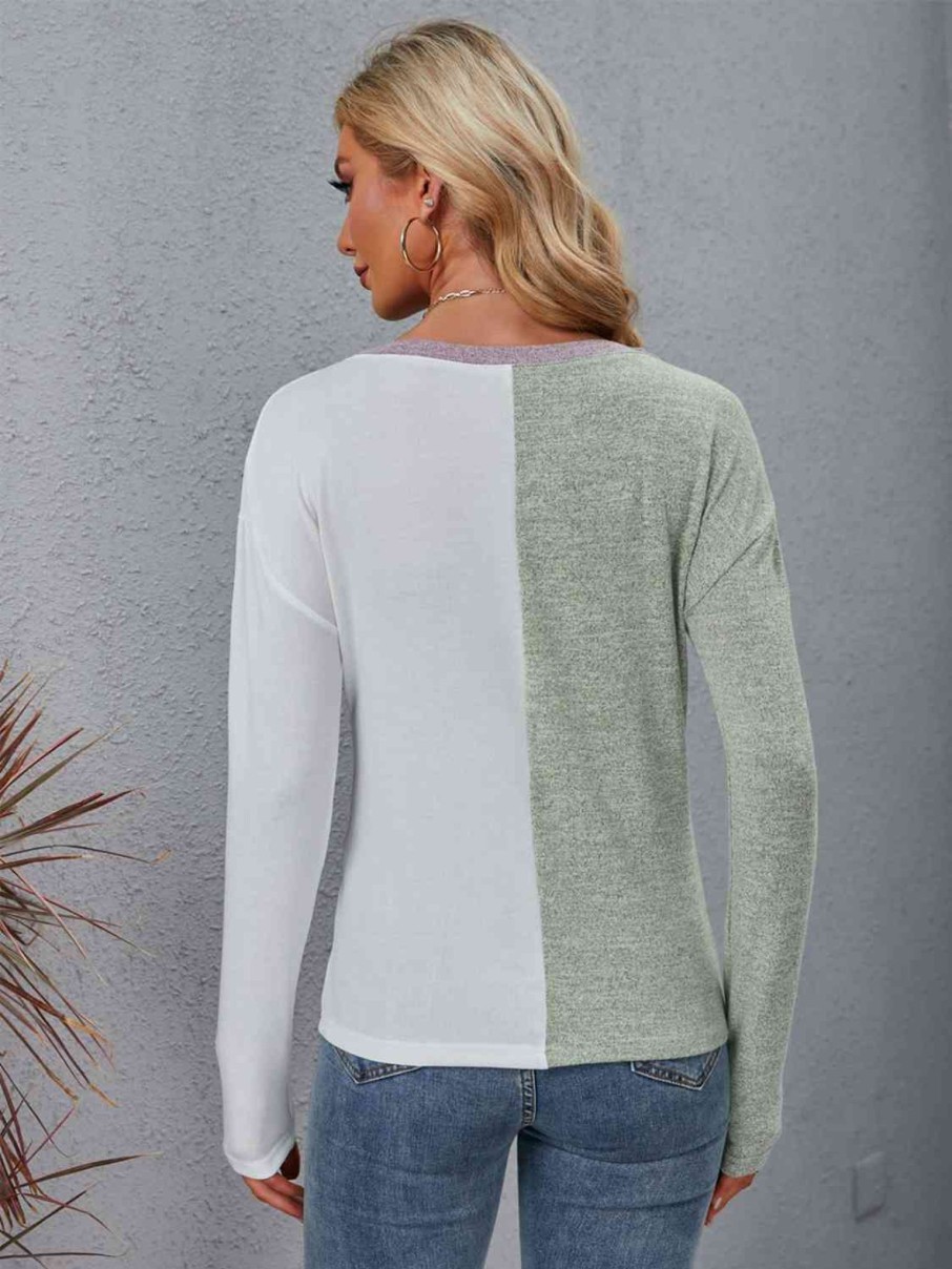 Clothing Trendsi | Color Block Round Neck Top With Pocket