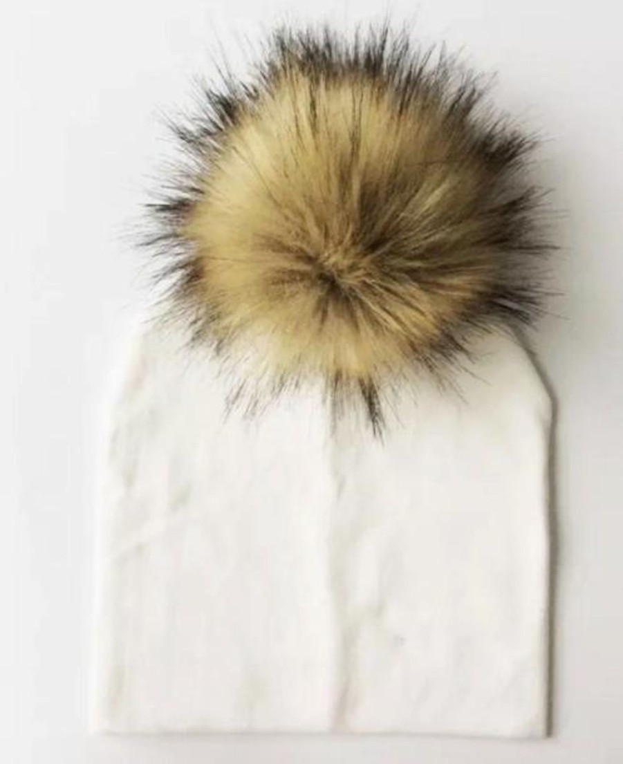 Accessories Tiny Trendsetter Inc. | Ivory Beanie W/ Brown Pom Pom