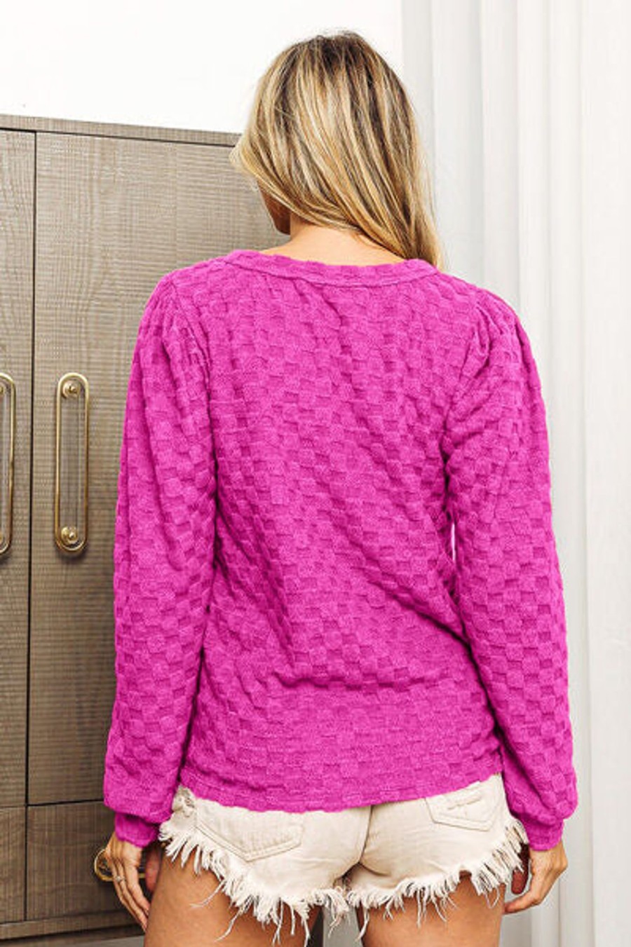 Clothing Trendsi | Bibi Round Neck Brushed Checker Top Magenta