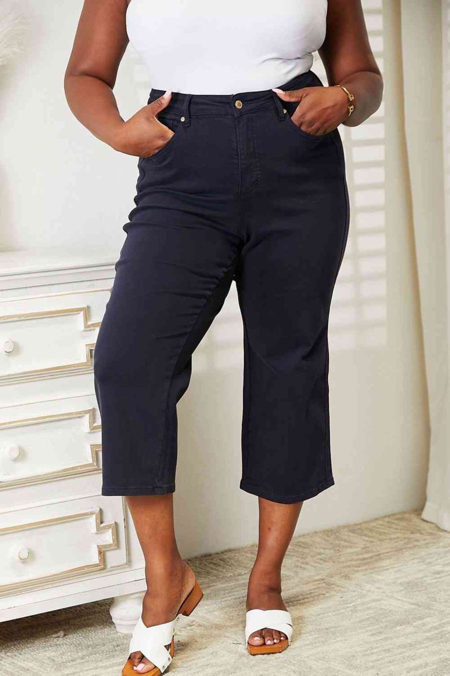 Clothing Trendsi | Judy Blue Full Size High Waist Tummy Control Garment Dyed Wide Cropped Jeans Navy Blue