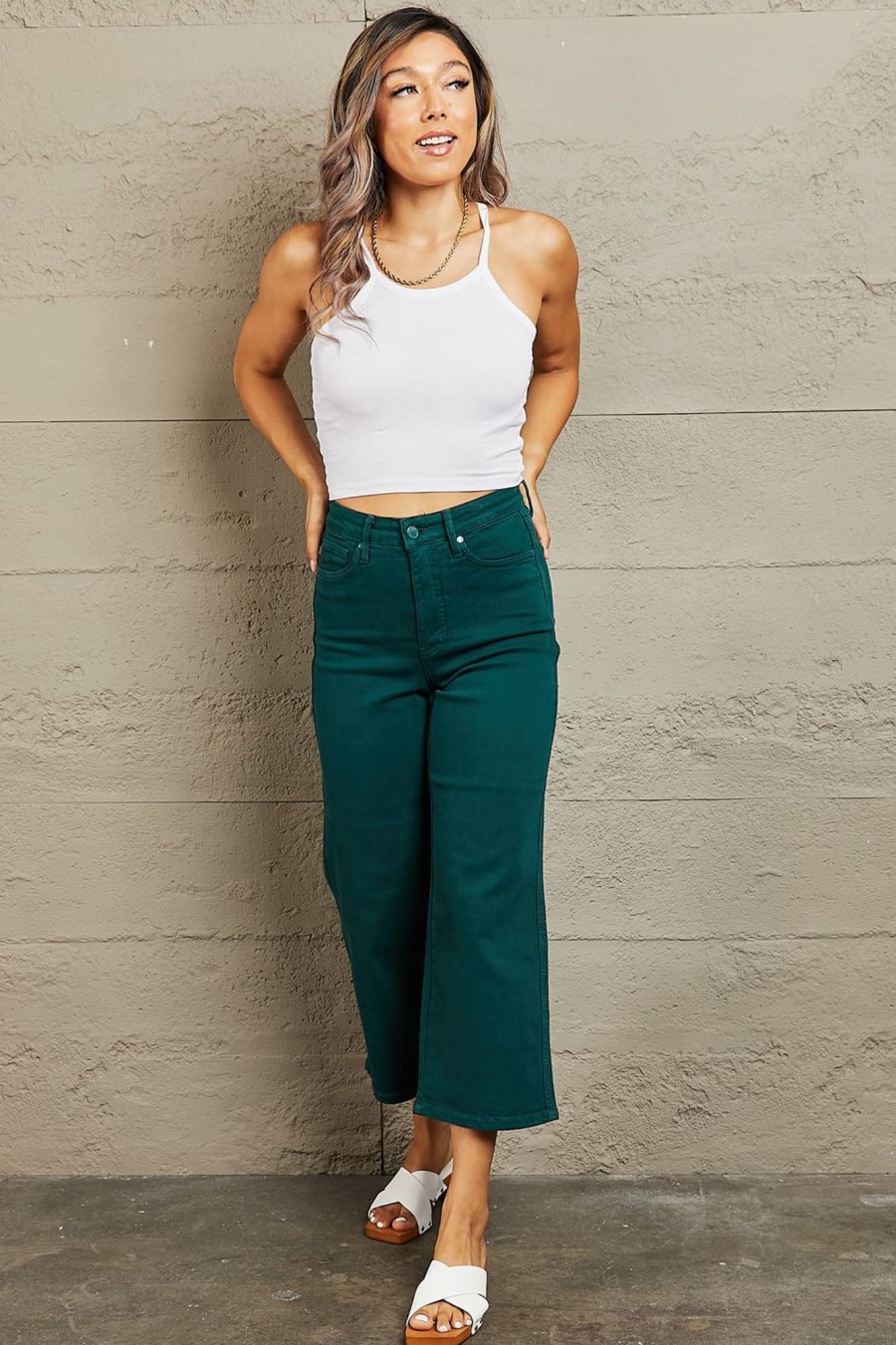 Clothing Trendsi | Judy Blue Hailey Full Size Tummy Control High Waisted Cropped Wide Leg Jeans Teal