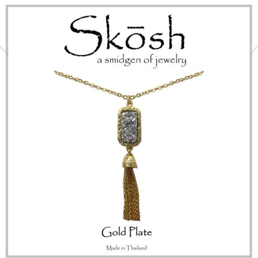 Clothing Skosh | Skosh Satin Gold Silver Druzy With Tassel Necklace