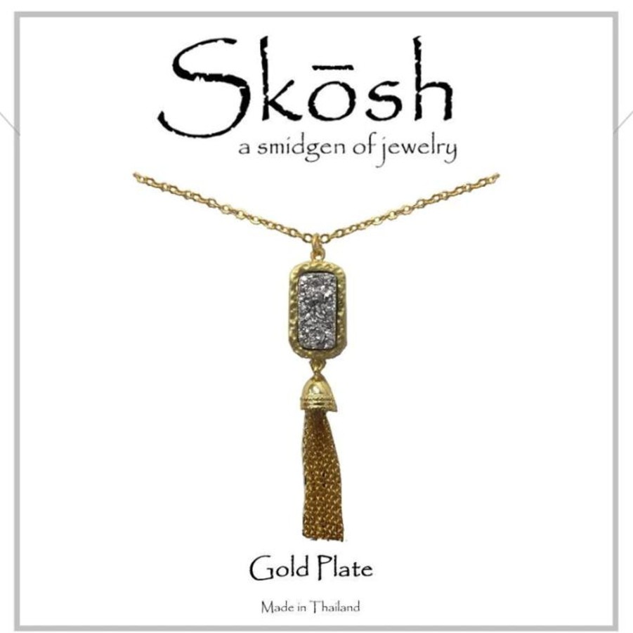 Clothing Skosh | Skosh Satin Gold Silver Druzy With Tassel Necklace