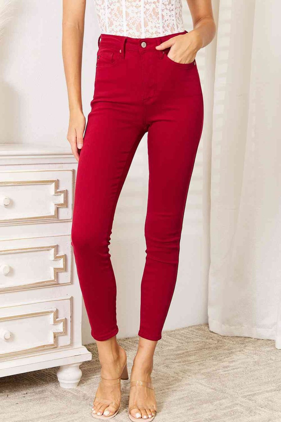 Clothing Trendsi | Judy Blue Full Size High Waist Tummy Control Skinny Jeans Deep Red