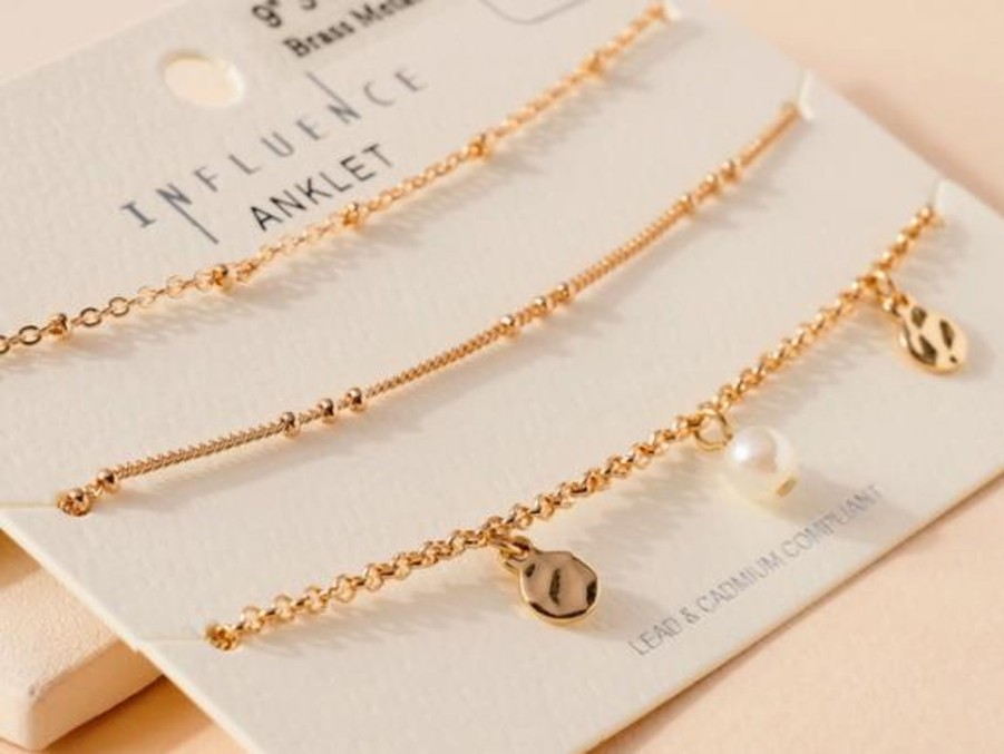 Clothing Avenue Zoe | Brass Metal Disc Pearl Charms Anklet Set