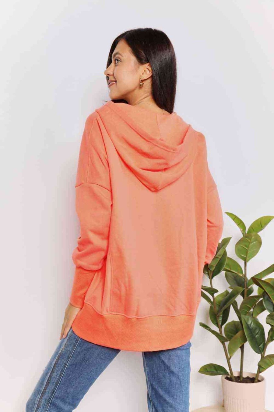 Clothing Trendsi | Double Take Quarter-Snap Dropped Shoulder Hoodie Tangerine