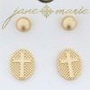 Accessories Jane Marie Earrings | Jm Gold Ball&Cross Textured Oval Earring Set