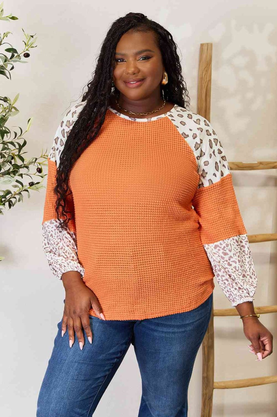 Clothing Trendsi | Double Take Leopard Waffle-Knit Long Sleeve Blouse Pumpkin