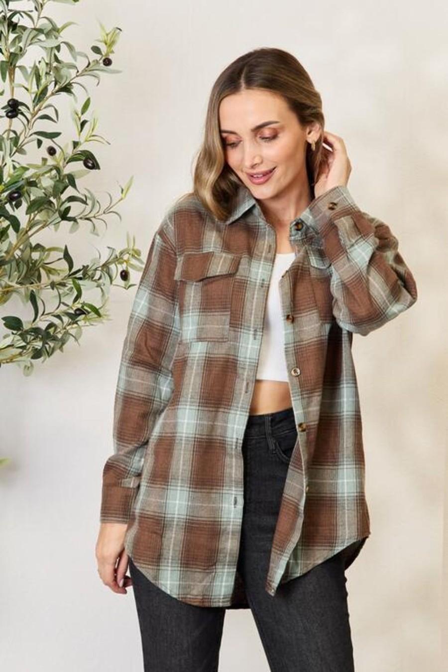 Clothing Trendsi | Double Take Plaid Dropped Shoulder Shirt Olive Brown